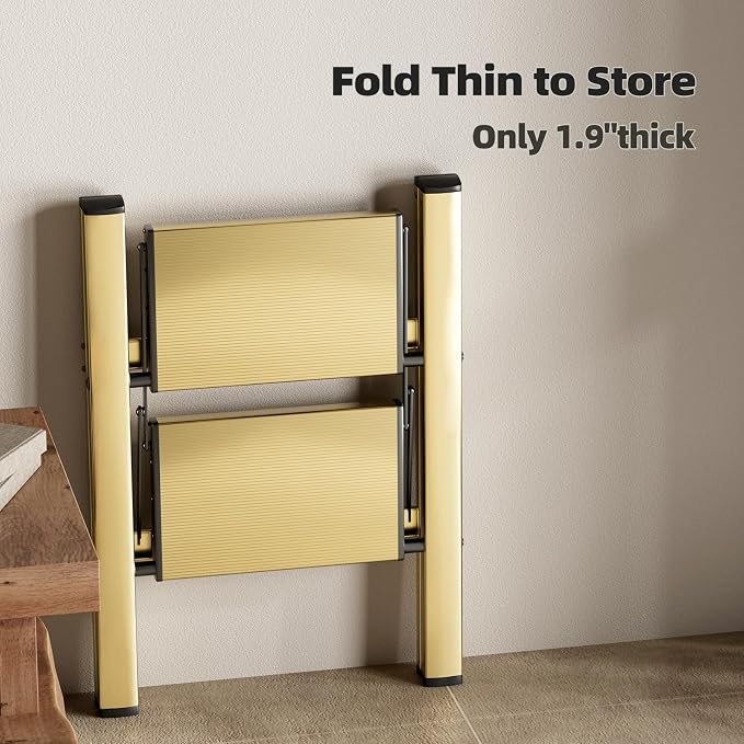 HillhutApex Aluminum Step Stool Foldable,2 Step Ladder (Gold) | Lightweight Portable step ladder with Anti-Slip Wide Pedal,330lbs Capacity Ladder for Household,Office,Kitchen