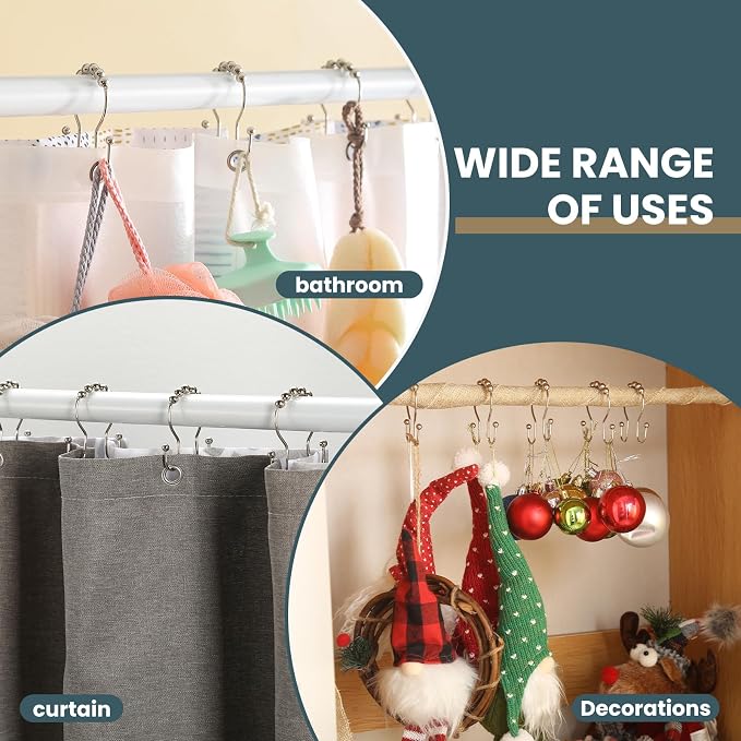 Shower Curtain Hooks, OEH Shower Curtain Rings, Metal Shower Curtain Rings Rust Proof, Smooth Gliding Metal Shower Curtain Hooks Rust Proof, Double Double Shower Rings for Curtain, 12 Pcs, Nickel