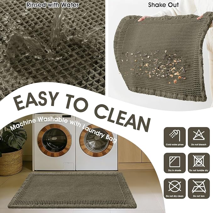 Upgraded Waffle Bath Mat, 32"x20" Greyish Green-Bordered, Super Absorbent Non-Slip Quick Dry Bathroom Rugs with Tassels, Machine Washable Ultra Soft Boho Bath Rugs, Toilet Mats Boho Farmhouse Decor
