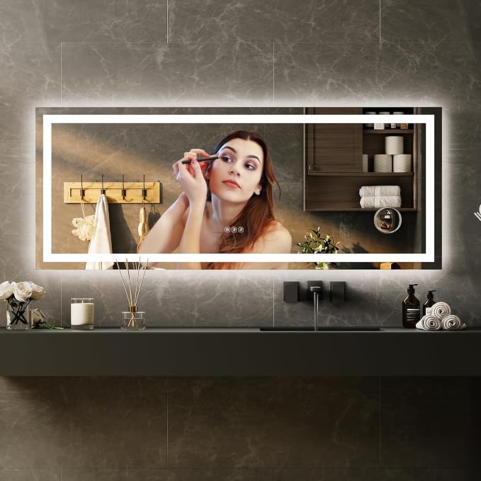 Large LED Bathroom Mirror 60x36 Inch - Frontlit & Backlit Frameless Wall Vanity Mirror with Stepless Dimming, Adjustable Color Temp, Anti-Fog Defogger, Smart Memory & 3X Suction Mirror, Sha
