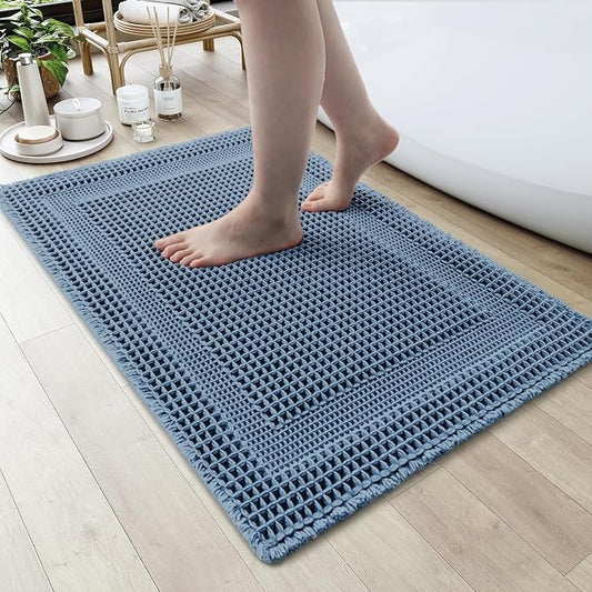 AMOAMI Waffle Bath-Mat, Absorbent Bath Mats for Bathroom Non Slip, Machine Washable Bathroom Rugs with Tassels Ultra Soft Boho Bath Rugs for Floor 24"x36" Blue