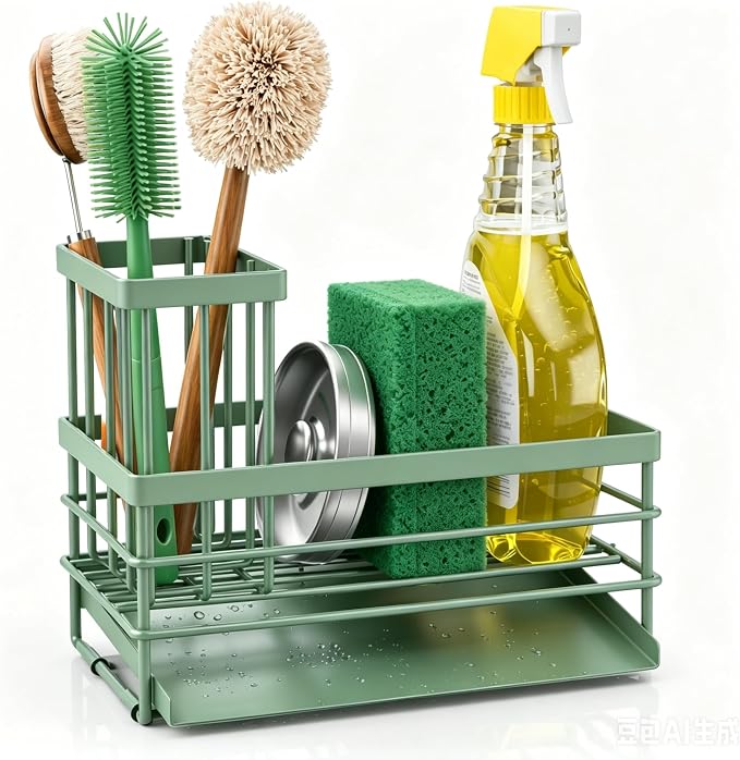 Cisily Sink Caddy Sponge Holder for Kitchen with Brush Holder and Stainless Steel Self Drain Tray, Rustproof Kitchen Sink Organizer for Sponge, Soap Dispenser Storage Accessories