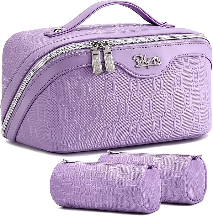 BOYATU Travel Makeup Bag Cosmetic Bags for Women: 3-Piece Makeup Bag Set | | Up to 20 3.4-oz Bottles | 180° Open-Flat Toiletry Organizer for Travel Essentials | Gift-Ready | (G-1-Purple)