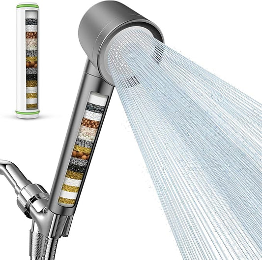 Filtered Shower Head with Handheld, High Pressure Water Flow and Multiple Spray Modes Shower Head with Filter, Power Wash for Hard Water, Showerhead with ON/OFF Switch for Pets Bath (Stone Gray) | 3 Spray,Silicone Massage Brush,Detachable Showerhead,Re...