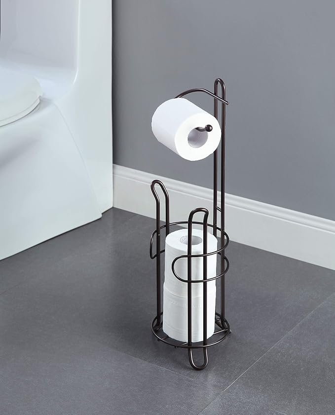 SunnyPoint Freestanding Toilet Paper Holder with Storage – Holds 3 Spare Rolls, Heavy-Duty Steel, Oil Bronze Finish, Easy Assembly, Space-Saving Bathroom Organizer