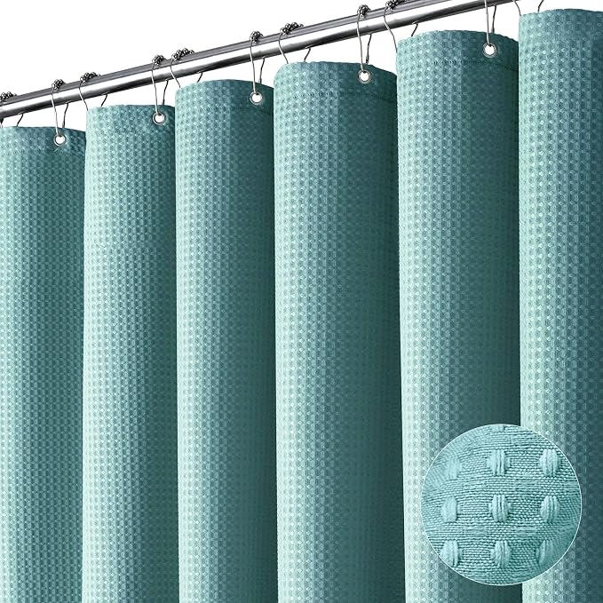 Extra Wide Waffle Shower Curtain 256 GSM 108"x72" Teal/Turquoise | 108 Inch Wide, Thick Polyester Cloth, Weighted Hem, Water Repellent, Washable, Hotel Shower Curtain Set for Bathroom 18 Hooks