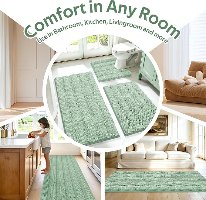 Christmas Striped Sage Green Toilet Bathroom Rug Mat Set 2 piece Rug Ultra Soft, Non Slip Chenille Bath Rugs, Absorbent Plush Shaggy Bath Mats for Bathroom, Bedroom, Kitchen, Shower, Tub