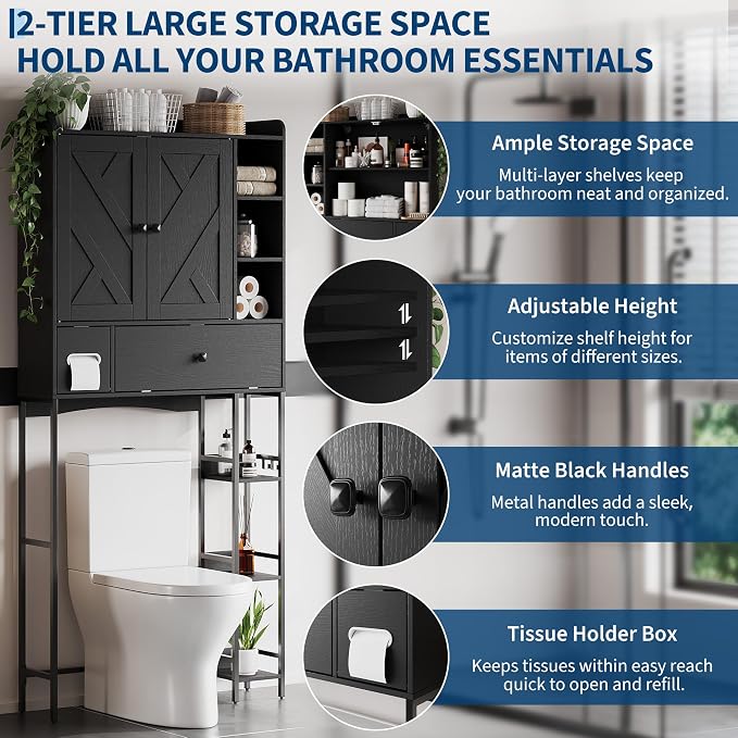 Garvee Over-The-Toilet Storage Rack, Modern Bathroom Organizer | MDF Shelves & Steel Frame, Space-Saving Toilet Shelf for Small Bathrooms, Bathroom Cabinet for Towels & Toiletries, Black