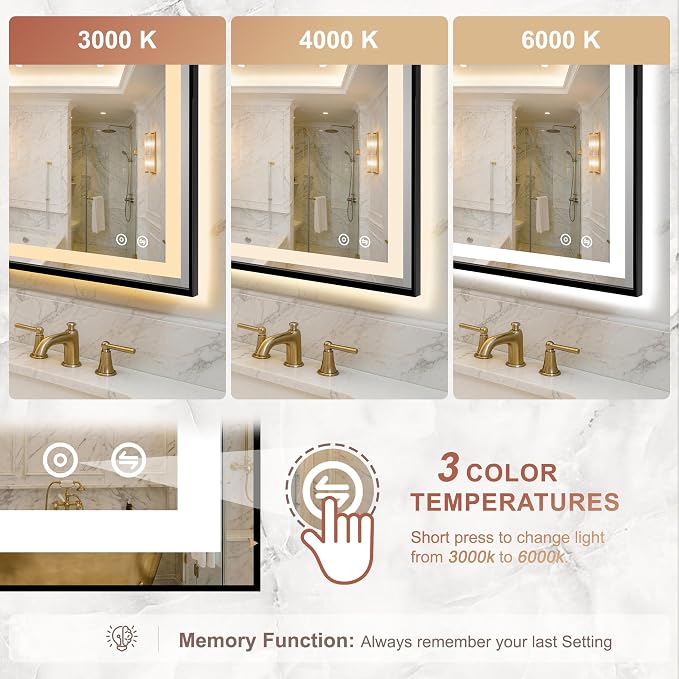 LED Bathroom Mirror with Lights, 30"x50" Black Framed Lighted Vanity Mirror | Anti-Fog, Dimmable 3 Color Temperature, Front & Backlit, Memory Function, Shatterproof Tempered Glass