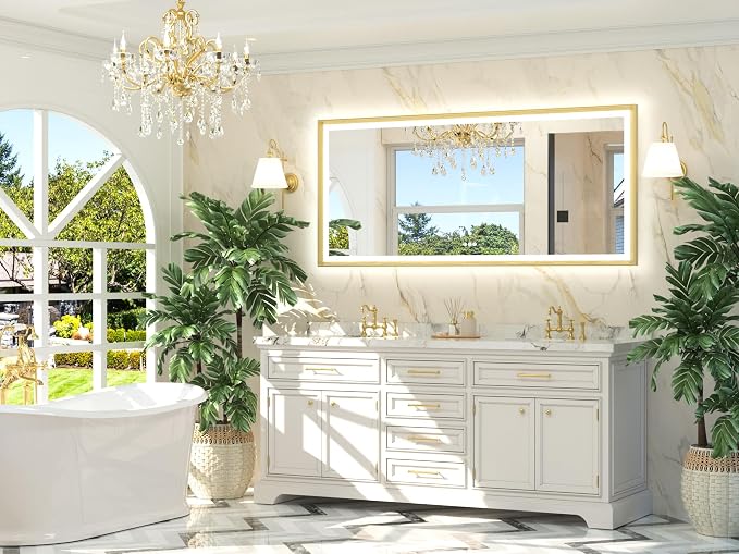 Gold LED Bathroom Mirror with Lights 72x32 Front & Back Light Vanity Framed Mirror Baroque Anti Fog Dimmable White/Warm/Natural,CRI90+,Waterproof,Wall Mounted(Horizontal/Vertical)