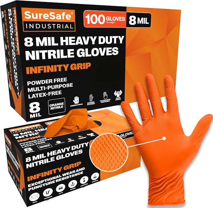 Orange Nitrile Gloves, 8 Mil Powder-Free Latex-Free Disposable | High-visibility diamond-texture grip for automotive, mechanic, construction, shop; heavy-duty, tear and puncture resistant