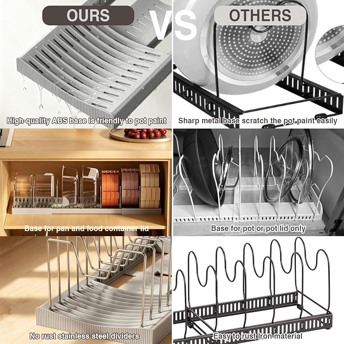 Magheo 2 Pack Pots and Pans Organizer Under Cabinet, Expandable 12.6"-22.8" Kitchen Cabinet Organizer Holder with 10 Adjustable Dividers for Food Storage Container Lid, Cookie Sheet, Cookware(Gray)