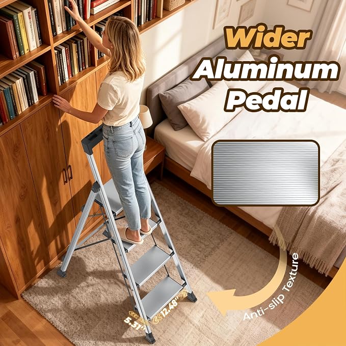 HBTower 4 Step Ladder, Lightweight Aluminum Folding Step Stool | Anti-Slip Wide Pedal, 330lbs Capacity Step Ladder for Household Kitchen Office, Silver