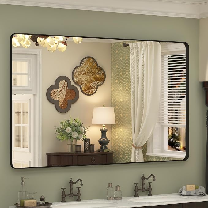 60x36 Inch Black Framed Bathroom Mirror for Wall, Large Matte Black Bathroom Vanity Mirror, Rounded Rectangle Mirror, Anti-Rust, Shatterproof, Hangs Horizontally or Vertically | Large Matte Black Vanity Mirror, Rounded Rectangle Mirror, Anti-Rust, Shat...