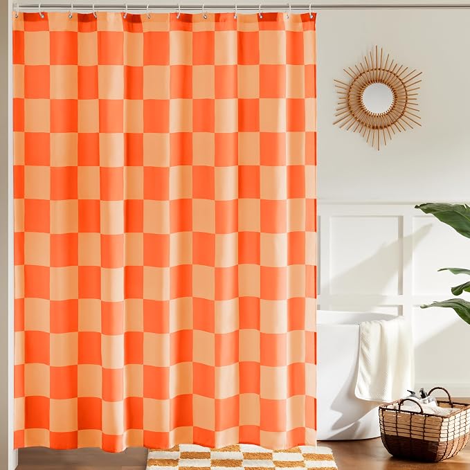 Ohocut Checkered Shower Curtain, Double Orange Plaid Shower Curtains for Bathroom, Cute Retro Checkboard Shower Curtain Vintage Aesthetic, Washable Fabric Bath Curtain 72''x72''