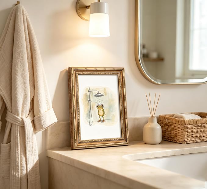 Vintage Gold Framed Bathroom Wall Art,Funny Frog Showering Canvas Prints,Humorous Bathroom Poster Artwork,Whimsical Watercolor Animal Wall Decor,for Restroom,Bathroom, Spa,Modern Artwork,9x11in