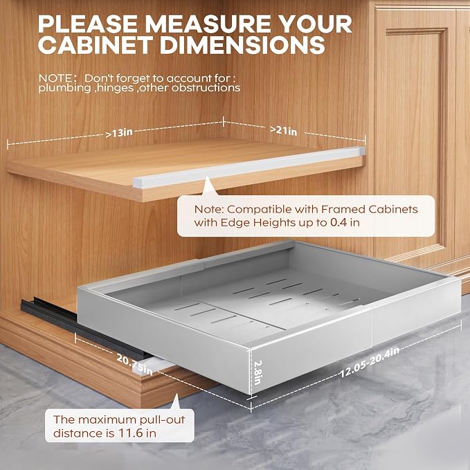 Seinloes 2 Pack Expandable Pull Out Cabinet Organizer 21"Deep With Raising Pad for Framed Cabinets,Upgrade 3 Slide Rails Slide Out Drawers,Roll Out Shelves Adhesive,Adjustable Width 12.05"-20.4"Silver