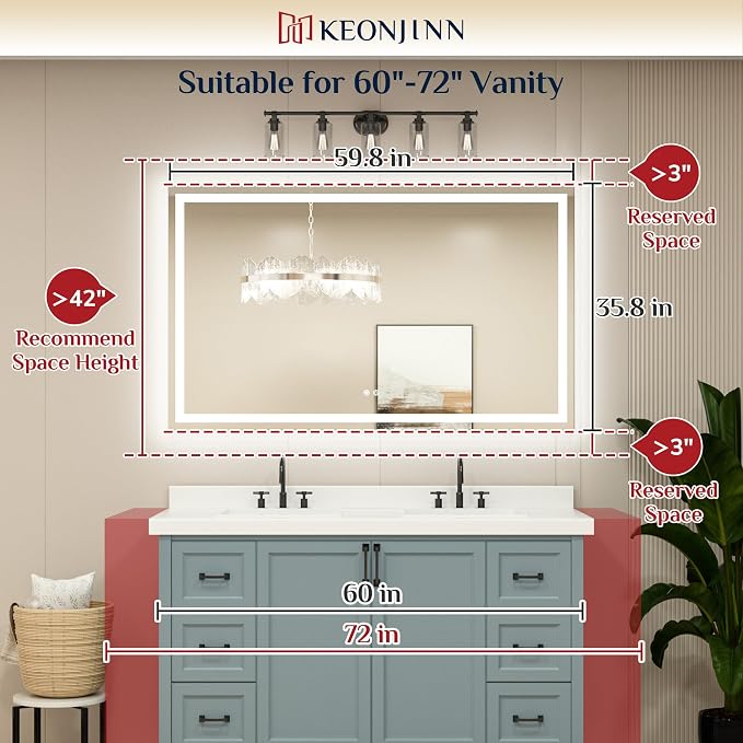 Keonjinn 60x36 Inch LED Bathroom Mirror with Lights, Frontlit & Backlit | HD Tempered Grass, 3-Color Temperature & Stepless Dimmable Lighting, Fast & Safe Defogging, Effortless Installation