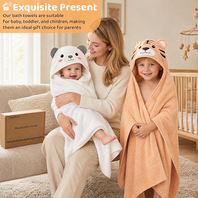 6 PCS Toddler Towels Set for Boy Girl 0-5 Year Essentials, White & Orange | Large Size 55"x27.5", 2 PCS Hooded Baby Bath Towels & 4 PCS Washcloths, Ultra Soft, Thick and Absorbent, Newborn Essentials