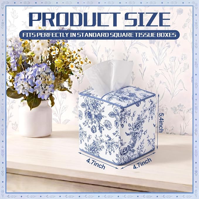 Blue Fabric Tissue Box Cover Floral Print Cotton Tissue Box Decorative Square Napkin Holder Vintage Cottagecore Home Decor for Bathroom Bedroom Vanity Countertop Home Office Kitchen