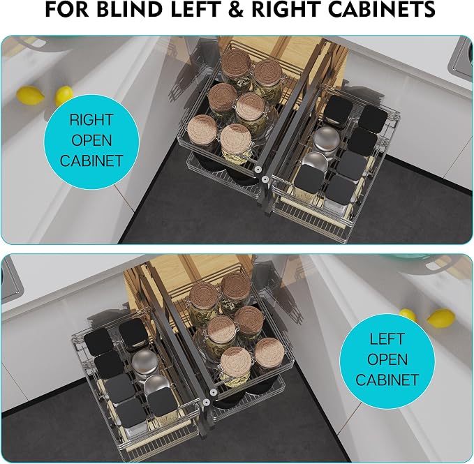 Blind Corner Cabinet Pull Out 2 Tier, Left & Right Blind Corner Cabinet Organizer for 18" W, Cabinet Pull Out 4 Shelves, Chrome, Slide Out Drawers for Kitchen or Bathroom Cabinets