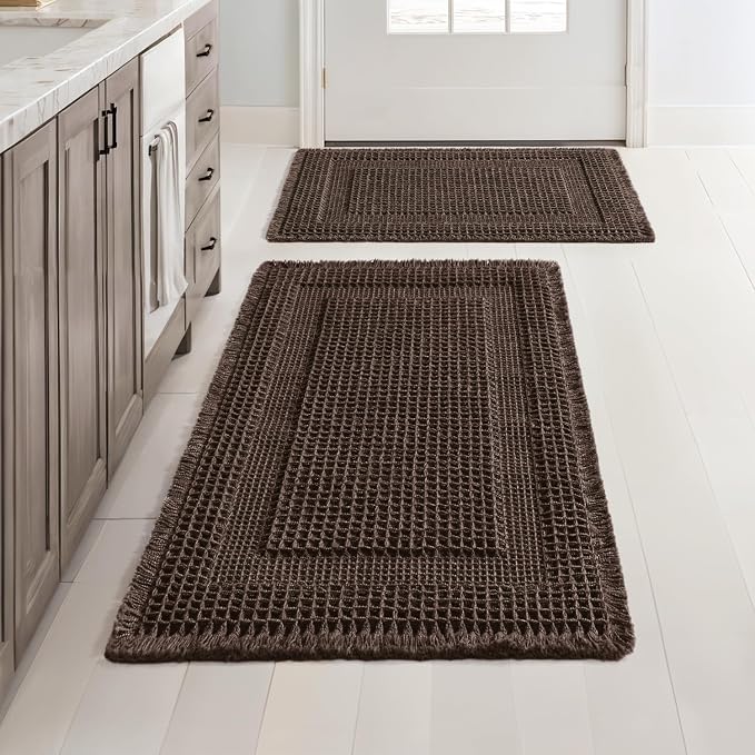 MIULEE Set of 2 Waffle Bathroom Rugs Chocolate Boho Bath Mat 17x24+18x30 in | Looped Design, Super Absorbent, Non Slip, Washable, Ultra Soft, Rubber Backed, Bathroom Mats for Floor Tub Shower