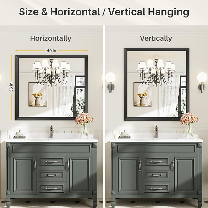 40x36 Inch Black Bathroom Mirror for Wall, Thick Metal Framed Rectangle Mirrors for Over Sink, Bedroom, Living Room, Entryway, Anti-Rust, HD Tempered Glass