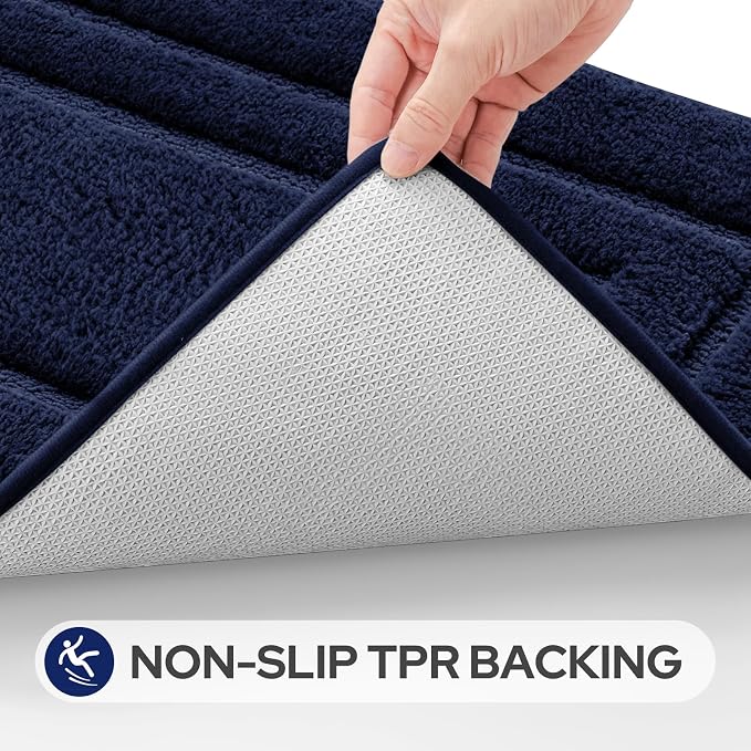 HOMEIDEAS 2 Pieces Large Bathroom Rug, Super Soft and Absorbent Long Rugs, Non Slip and Microfiber Bath Mat for Bathroom Decor (20"x47"+16" x 24", Navy Blue)