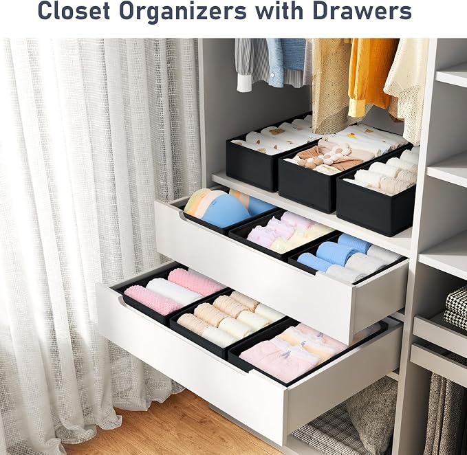 DIMJ Drawer Organizer - Small Clothes Organizer Set of 3, Drawer Dividers for Baby Clothes, Underwear, Socks, Bra, Belt, Tie - Black