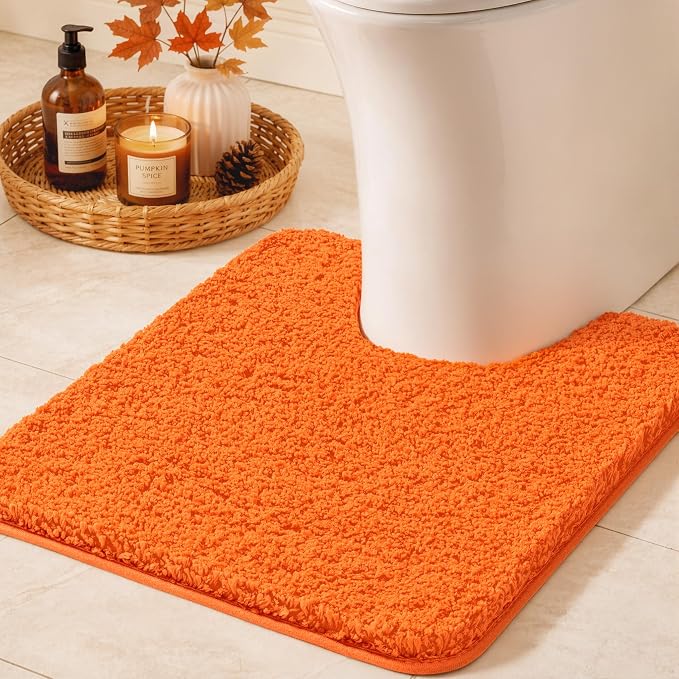 MIULEE Fall Orange Microfiber Toilet Bath Rug U-Shaped Contour 20x20 Inch | Absorbent, Non Slip, Quick Dry, Fluffy Bath Rugs for Bathroom Floor Tub Showers, Machine Washable