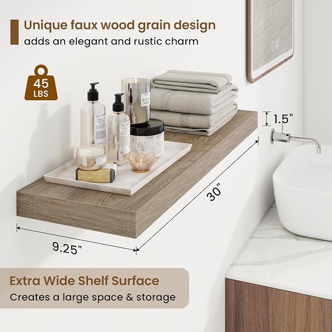 Marsmiles 9.25in Depth 30in Floating Shelves, 30x9.25x1.4, Grey, Set of 2 | Wall Mounted Engineered Wood Shelves, Invisible Brackets for Living Room, Bedroom, Bathroom, Kitchen Decor and Storage