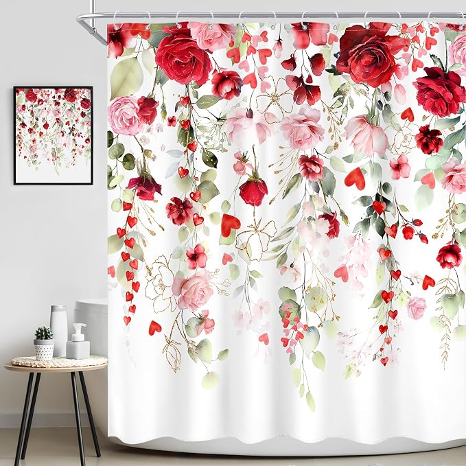 Mother Day Women Red Pink Rose Bathroom Shower Curtain Set | 72"W x 72"L Floral Watercolor design with waterproof HD artwork, quick-dry fabric and hooks for easy hanging.