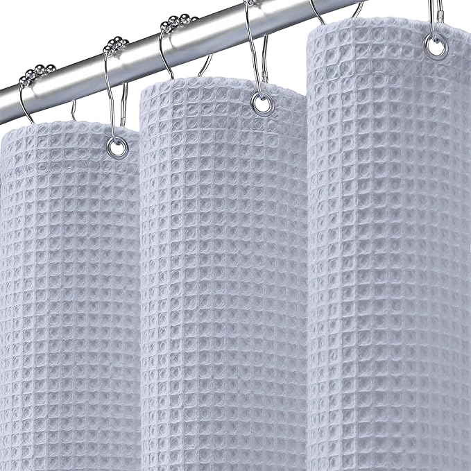 Waffle Weave Shower Curtain Heavyweight Cotton Fabric Misty Blue 72Wx75L | Soft Cotton Cloth,3D Square Truely Waffle,Washable, Hotel Luxury Spa, Shower Curtains for Narrow Bathroom 12 Plastic Hooks