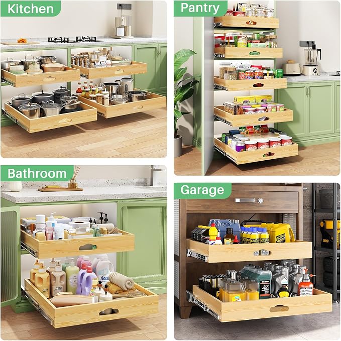 Pull Out Cabinet Organizer, Soft Close Wooden Slide Out Drawers for Pots and Pans, Full-extension Roll Out Shelves for Kitchen Cabinets, Pantry Organization, Bottom & Side Mount(21"W X 21"D x 3.4''H)