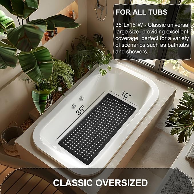 TEESHLY Bath Mat for Tub & Shower, Non Slip Soft Bathmat with Suction Cups & Drain Holes, Machine Washable Bathtub Floor Liner Mats for Bathroom, 35x16 Inch, Black