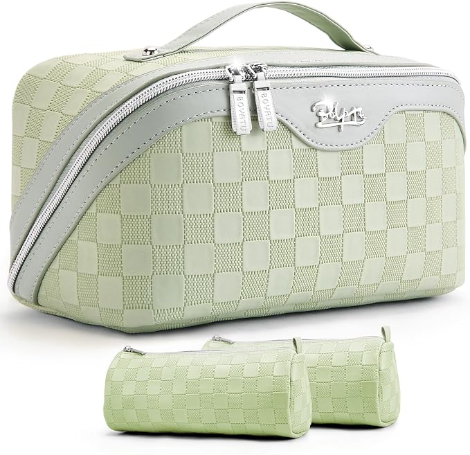 BOYATU Travel Makeup Bag Organizer: 180°Open-Flat 3 Pcs Make up Bags Set | Large Capacity Holds 10–20 Full-Size Bottles for 3–15 Day Trips Travel Essentials - Cosmetic Toiletry Case Gift Women(Green)