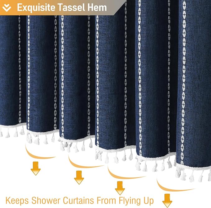 White Boho Farmhouse Linen Heavy Duty Cloth Shower Curtain Set, 72x72 | 330GSM Linen Blend, Water Repellent, Vintage Striped Fabric, 12 Plastic Hooks, Rustic Country, Machine Washable, for Bathroom