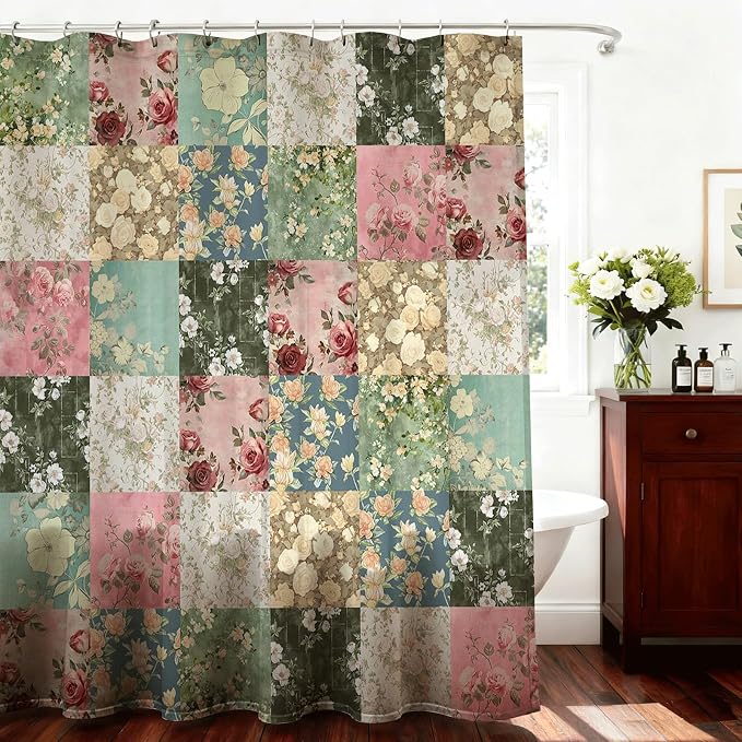 Shower Curtains for Bathroom, Boho Shower Curtain, Vintage Green Boho Floral Bathroom Decor Bath Curtain, Mid Century Waterproof Retro Farmhouse Patchwork Floral Shower Curtain, 72 X 84 Inches