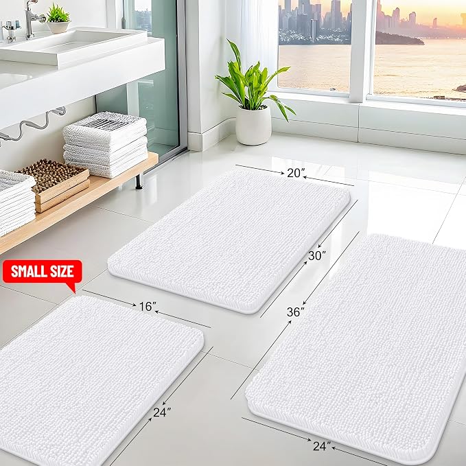 Arotive Bathroom Rugs 47x24, Soft Absorbent Shaggy Chenille Bath Rugs | White, Machine Washable Rubber Backing Bath Mats for Bathroom Floor Tub and Shower Home Decor Accessories