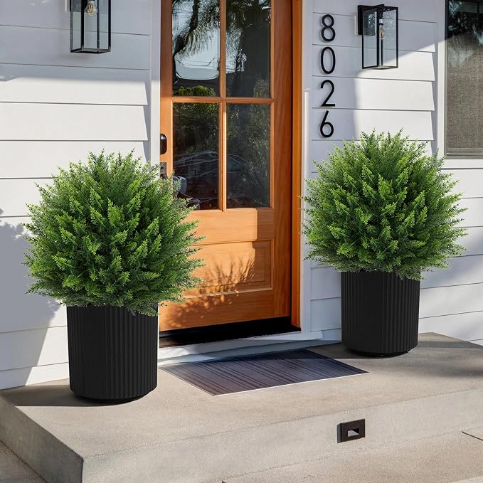 Artificial Cedar Topiary Ball Tree 23" with Ground Spike, Set of 2 Artificial Boxwood Bushes for Faux Shrubs, Fake Evergreen Faux Plant for Indoor Outdoor Porch Garden- UV Resistant – Fade-Proof