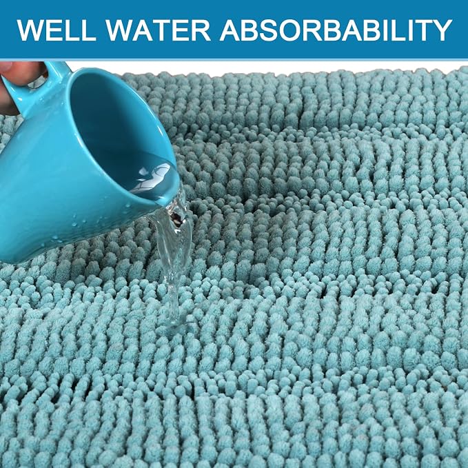H.VERSAILTEX Bath Rugs for Bathroom Non Slip Bath Mats Extra Thick Chenille Striped Bath Rug Runners 47" x 17" Absorbent Fluffy Soft Shaggy Mats Dry Fast Plush Area Carpet for Bath Room - Aqua Haze