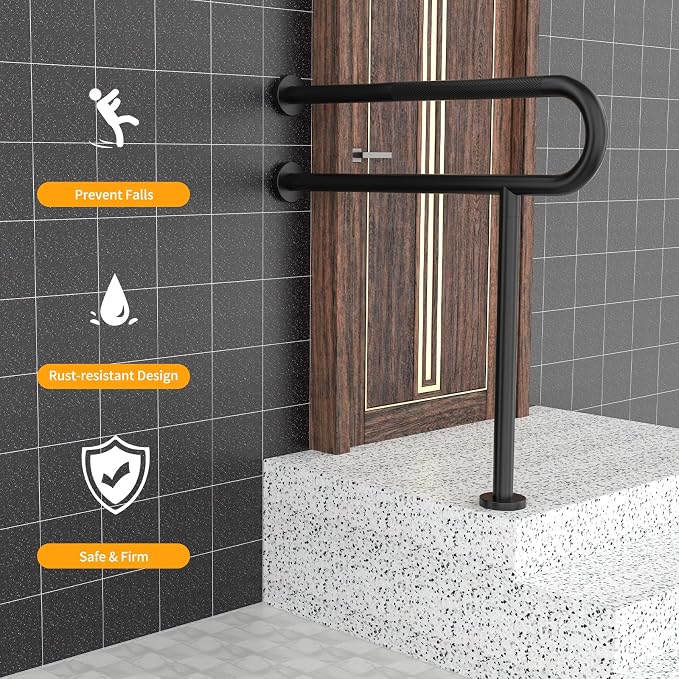 Toilet Grab Bar 32Inch with Leg, YuanDe Matte Black Wall Mounted Safety Bar | Stainless Steel Anti-Slip Bathroom Support Rail for Elderly Disabled Pregnant