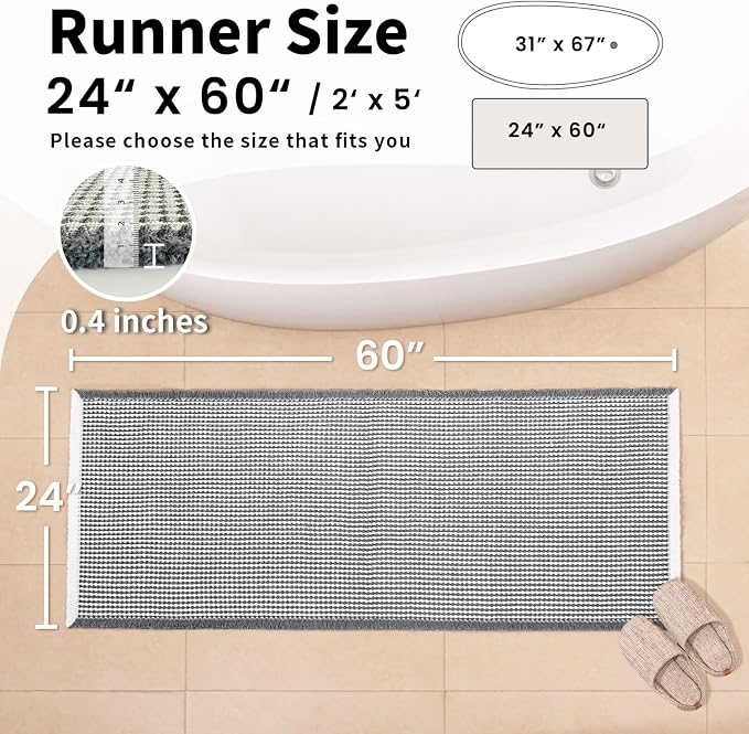 Long Bath Mat, Waffle Bathroom Runner Rug Non Slip Washable, 24 x 60 | Super Absorbent, Quick Dry Bath Runner, Soft Waffle Weave, Boho Farmhouse Bathroom Decor in Dark Grey & White for Sink or Tub