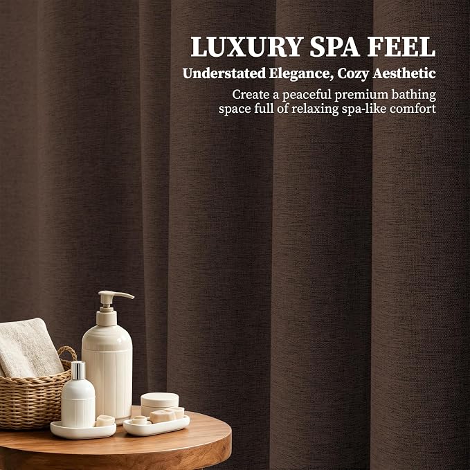 84x72 Wide Linen Textured Waterproof Thick Cloth Shower Curtain, Brown | Wide Size, 230GSM Polyester, Heavy Duty Fabric, Weighted Hem, 14 Plastic Hooks, Modern Luxury Hotel Style, Machine Washable