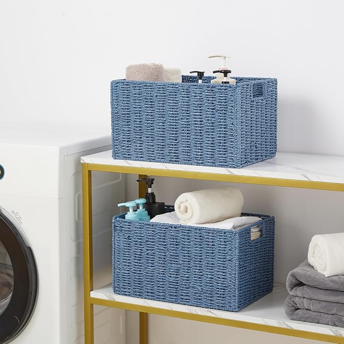 Wicker Storage Basket, Set of 2 Hand-Woven Paper Rope Wicker Basket, Small Storage Baskets for Organizing Toilet Paper Basket, Foldable Large Cube Storage Organizer Bins for Shelves (Blue)
