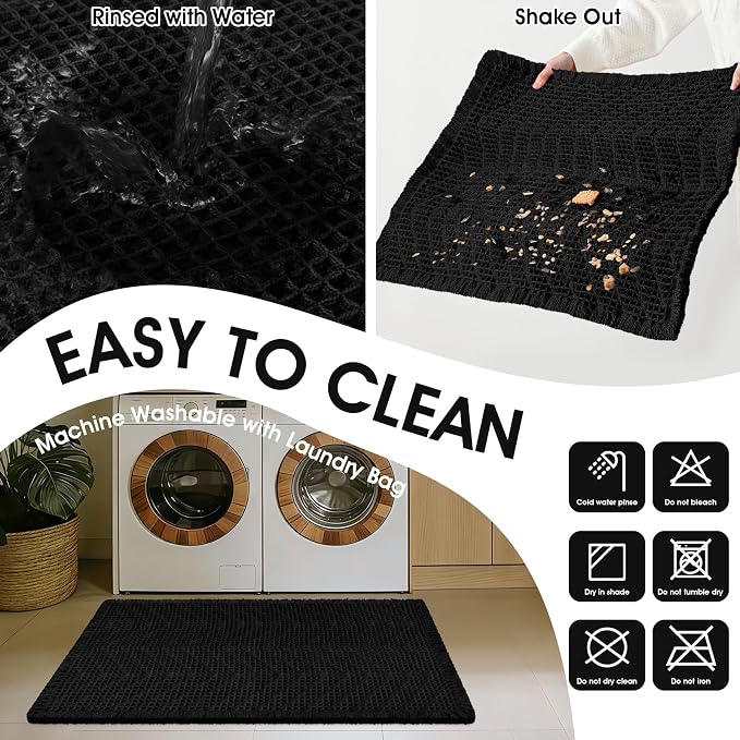 Upgraded Waffle Bath Mat Set 3 Piece Black-Herringbone, Super Absorbent Non-Slip Quick Dry Bathroom Rugs with Tassels, Machine Washable Ultra Soft Boho Bath Rugs, Toilet Mats Boho Farmhouse Decor