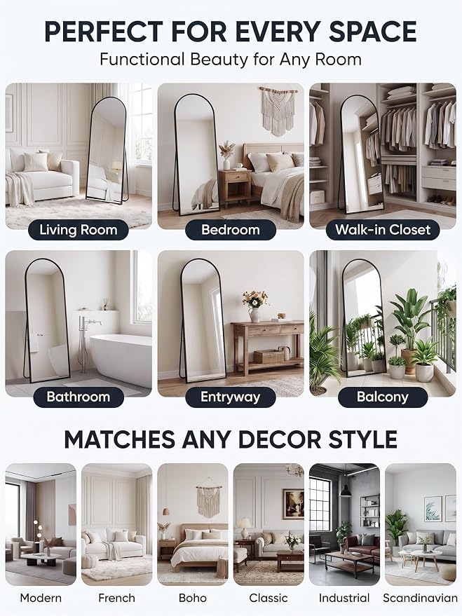 Full Length Mirror, 76" x 34" Arched Full Body Mirror Large Standing Floor Mirrors, Mirrors for Bedroom, Bathroom, Living Room Standing or Wall Leaning, Black