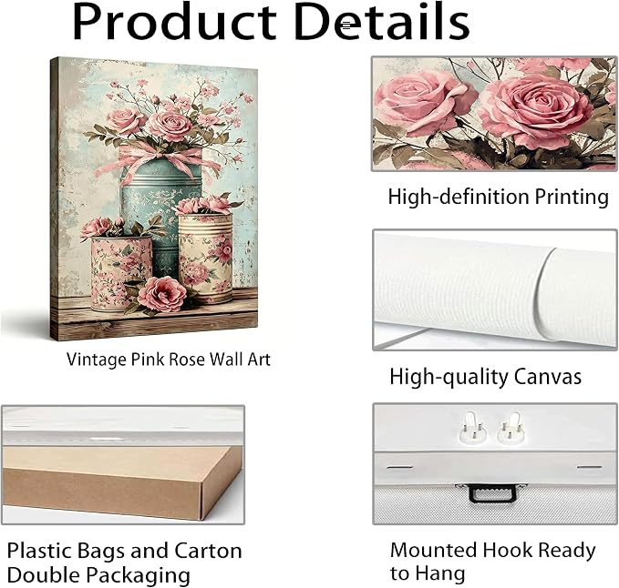 Vintage Pink Rose Flower Canvas Wall Art,Shabby Chic Canvas Print, Farmhouse Bathroom Wall Decor,Retro Blue Pink Flower Rustic Can Vase Painting,for Living Room Bedroom Home Office 16 X 24 In