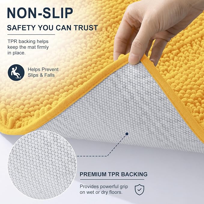 Smiry Thick Chenille Bathroom Runner Rugs 59x20, Absorbent Bath Mat, Yellow | Quick‑Dry & Machine Washable, Non‑Slip Bath Carpet, Soft Striped Bath Rugs for Tub & Shower, Modern Home Decor Accessories