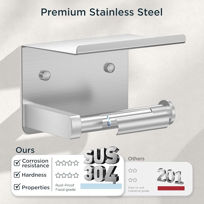 FORIOUS Toilet Paper Holder with Shelf, Adhesive or Screw, Commercial | Brushed Nickel | Wall Mount Bathroom Tissue Holder | SUS304 Stainless Steel Rustproof | Bathroom Tissue Roll Holder